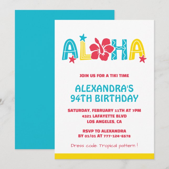 Cartes d'invitation pour les 94 ans Tropical Aloha (Devant / Derrière)