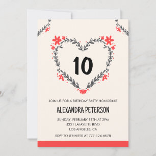 Cartes d'invitation pour ses 10 ans florales cœur