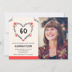 Cartes d'invitation pour ses 60 ans Floral Heart