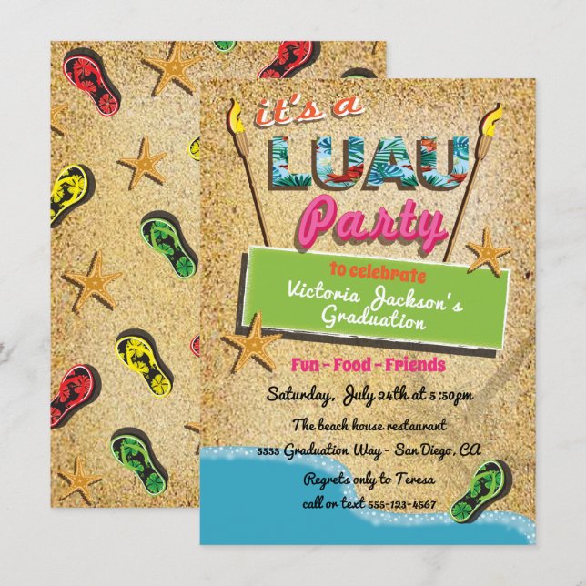 Cartes d'invitation pour une fête de luau sur une  (Devant / Derrière)