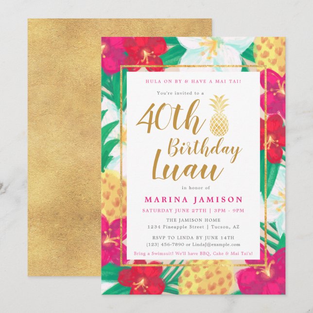 Cartes d'invitation pour une fête luau en or (Devant / Derrière)