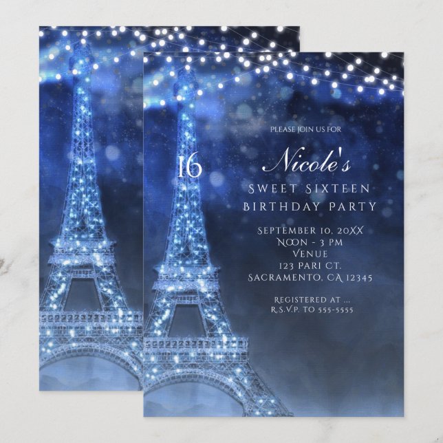 Cartes d'invitation pour une soirée bleue enchanté (Devant / Derrière)