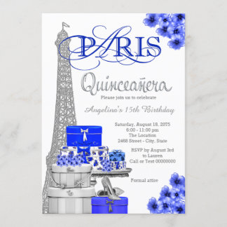Cartes d'invitation Quinceañera Paris Argent Bleu