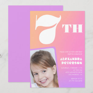 Cartes d'invitation rose pour 7 ans avec photo col
