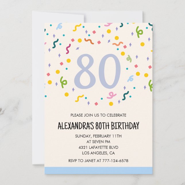 Cartes d'invitation simples pour 80 ans Confetti M (Devant)