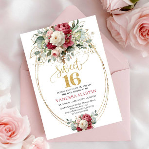 Cartes d'invitation Sweet Sixteen Fleurs Rouge Bou