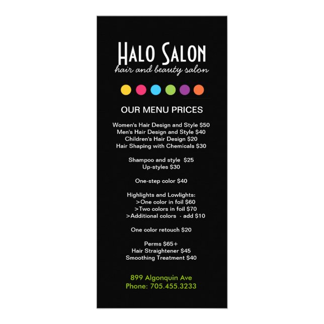 Cartes en rack du menu du salon de cheveux (Devant)