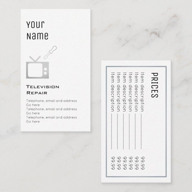 Cartes "essentielles" des prix de réparation de (Devant / Derrière)