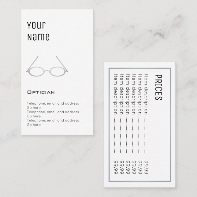 Cartes "essentielles" des prix d'opticien (Devant / Derrière)