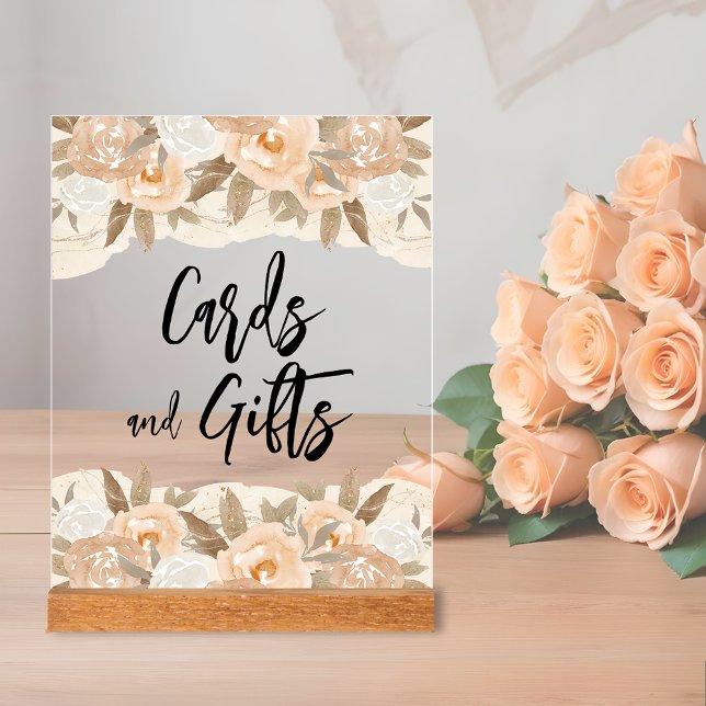 Cartes et cadeaux Fête des mariées Fleurs de Pêche (Cards & Gifts bridal shower clear acrylic sign with rustic peach flowers and leaves  top and bottom)