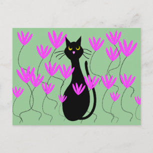 Cartes Fleurs Roses Chat Noir