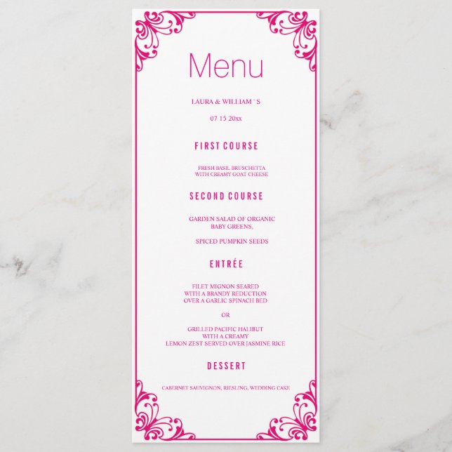 Cartes fuchsia de menu de dîner de mariage de (Devant)