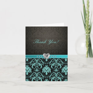 Cartes "Merci" en Damas bleu aqua élégant / noir