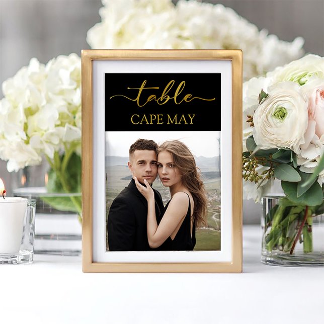Cartes numériques de la table de photos Mariage no (Black and Gold Wedding photo table number card mockup)