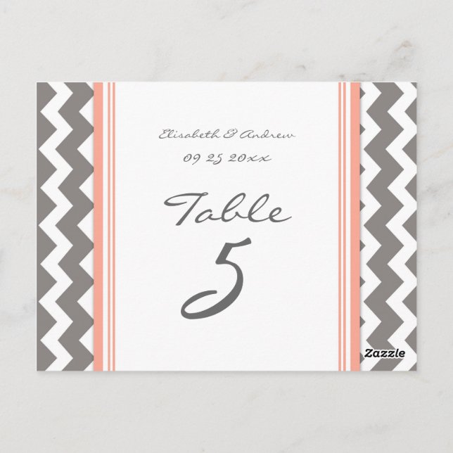 Cartes Numéro de table mariage Coral gris Chevron (Dos)
