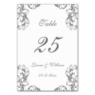 Cartes Numéro de table mariage   Design gris Damas