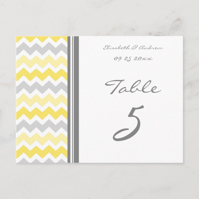 Cartes Numéro de table mariage Gris Jaune Chevron (Devant)
