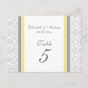 Cartes Numéro de table mariage Lemon Grey Damask