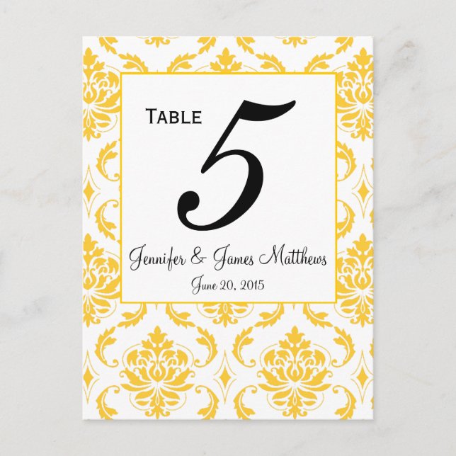 Cartes Numéro de tableau Mariage damassé jaune (Devant)