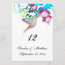 Cartes numéros de table de mariage colibri et fuch