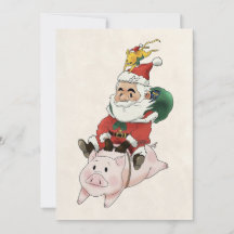 Cartes Père Noël à cheval sur un cochon avec une s