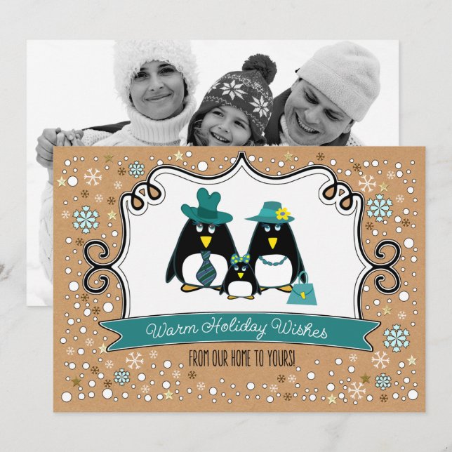 Cartes photos de Noël de famille de pingouins amus (Devant / Derrière)