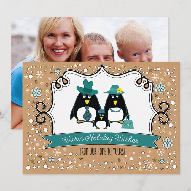 Cartes photos de Noël de famille de pingouins amus (Devant / Derrière)