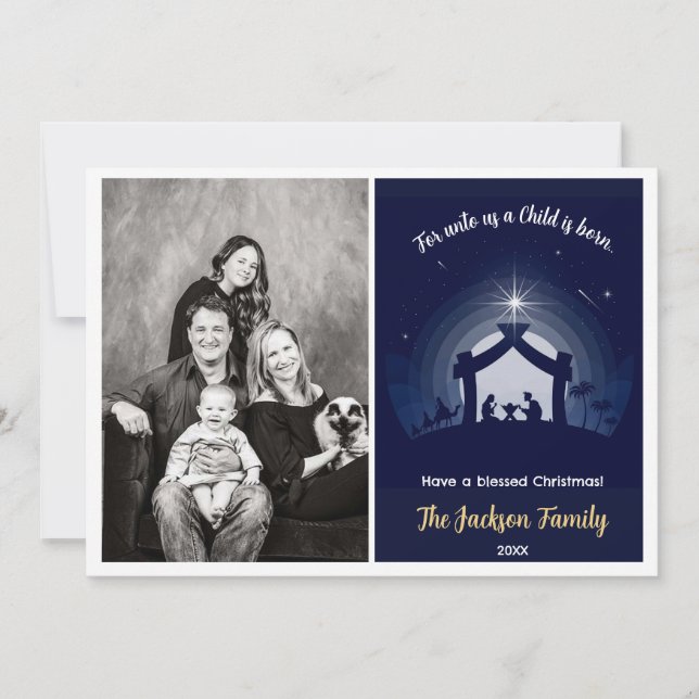 Cartes photos de Noël de la Nativité (bleu marine) (Devant)