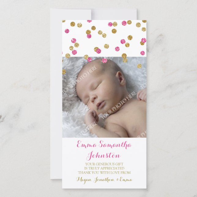 Cartes photos fuchsia de baby shower de Merci d'or (Devant)