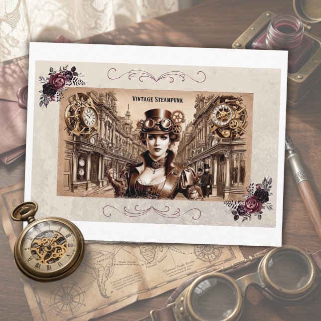 Cartes postale de montre à lunettes de femme Steam (Step back and in time with a romantic vintage steampunk postcard)