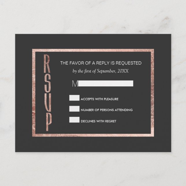 Cartes postales Chic Faux Rose Gold RSVP (Devant)