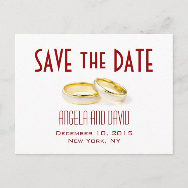 Cartes postales de mariage en rouge avec anneaux d (Devant)