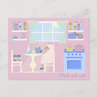 Cartes postales de moutons lisant dans la cuisine