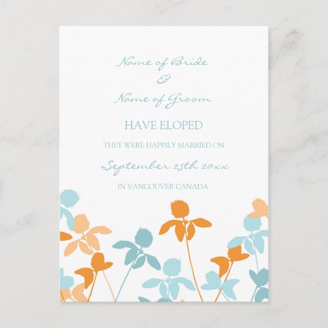 Cartes postales Elopement Faire-part bleu orange (Devant)