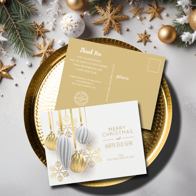 Cartes postales Gold White Ornamy Business Holiday (Gold and white Christmas ornaments business holiday greeting postcards)