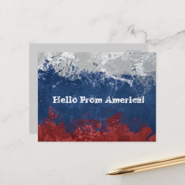 Cartes postales rouges blanches et bleues "Hello f (Devant/Arrière en situation)