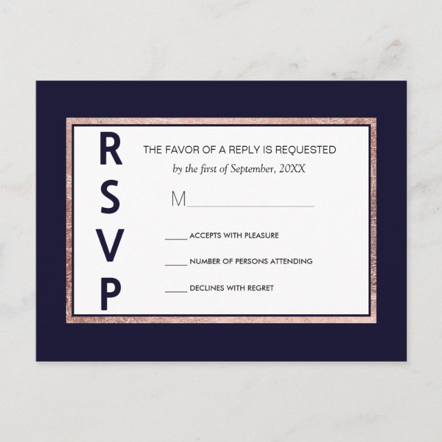 Cartes postales RSVP bleu marine simple Rose (Devant)