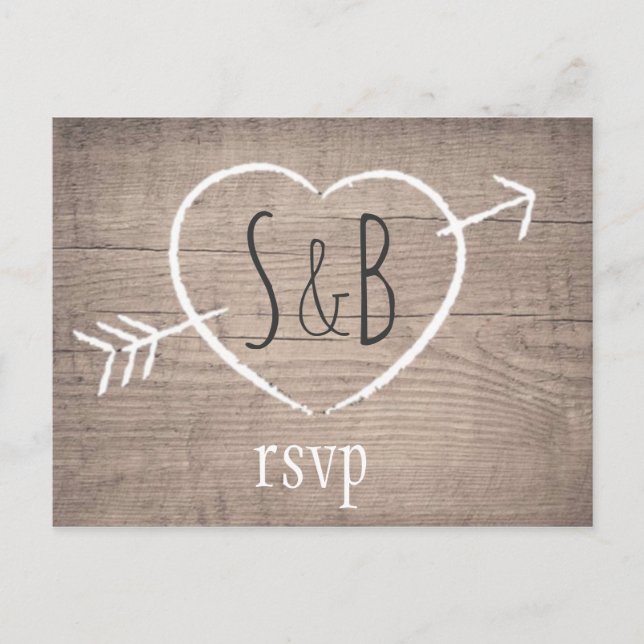Cartes postales RSVP en bois rustique Coeur élégan (Devant)