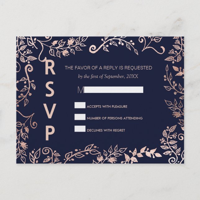 Cartes postales RSVP Gold Floral Rose de la marine (Devant)