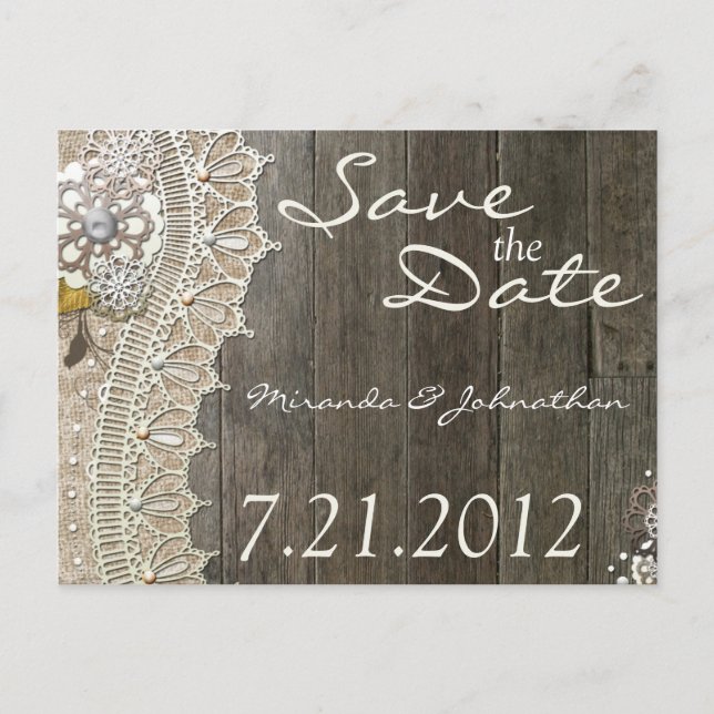 Cartes postales "Save the Date" en bois à dentelle (Devant)