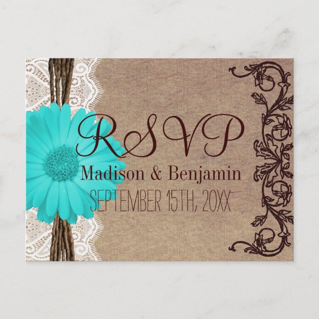 Cartes POSTCARTES RSVP Rustiques Turquoises Gerber (Devant)