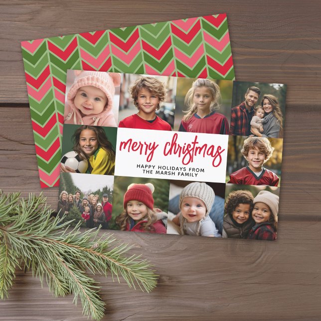 Cartes Pour Fêtes Annuelles 10 Photo Collage - Joyeux Noël Rouge Vert (Modern online Christmas Card with 10 Photos and a bounce script for the greeting - download option)