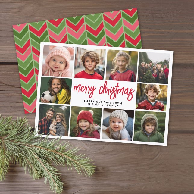 Cartes Pour Fêtes Annuelles 10 Photo Collage - Joyeux Noël Rouge Vert (Modern online Christmas Card with 10 Photos and a bounce script for the greeting - download option)