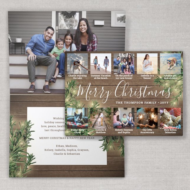 Cartes Pour Fêtes Annuelles 11 Photo Noël Vert, Bois & Lumières Pliés (Créateur téléchargé)