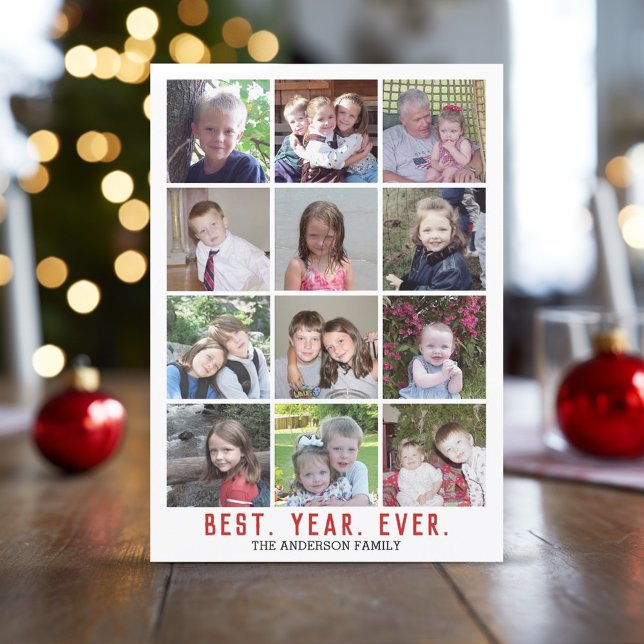 Cartes Pour Fêtes Annuelles 12 Photo Collage Meilleure année jamais Noël Rouge (12 Photo Online Christmas Card with minimal design on the front)