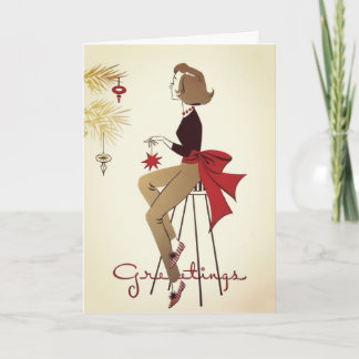Cartes Pour Fêtes Annuelles 1950s Vintage Lady Decorating Tree