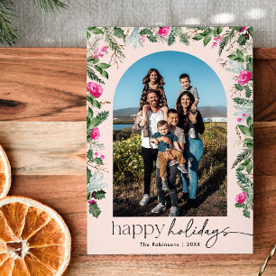 Cartes Pour Fêtes Annuelles 1 Photo Happy Holidays Blush Pink & Greenery Arch
