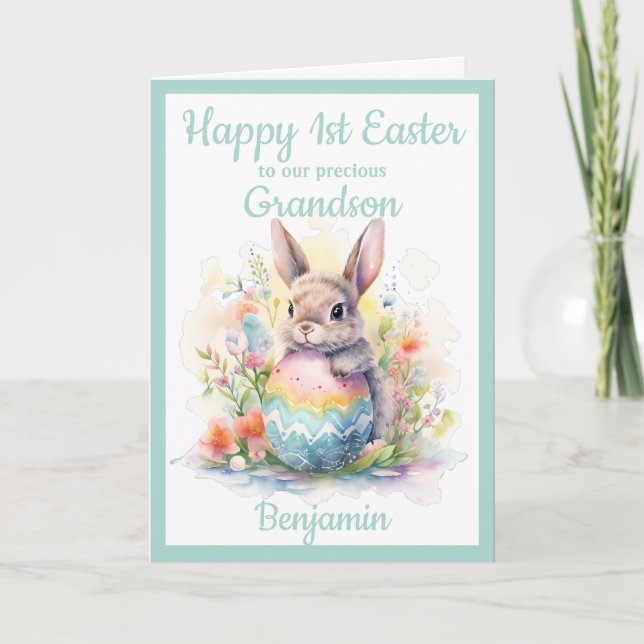 Cartes Pour Fêtes Annuelles 1er Easter Petit-fils Bleu oeuf Bunny (Devant)