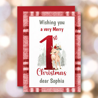 Cartes Pour Fêtes Annuelles 1er Noël Bébé fille mignonne Cerf Plaid