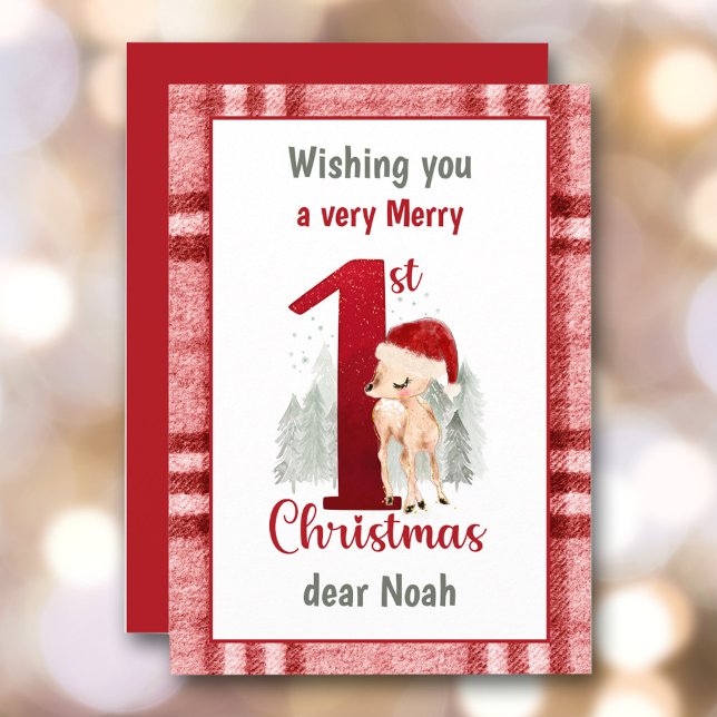 Cartes Pour Fêtes Annuelles 1er Noël mignonne cerf Santa chapeau plaid (1st Christmas Cute Deer Santa Hat Plaid Holiday Card)